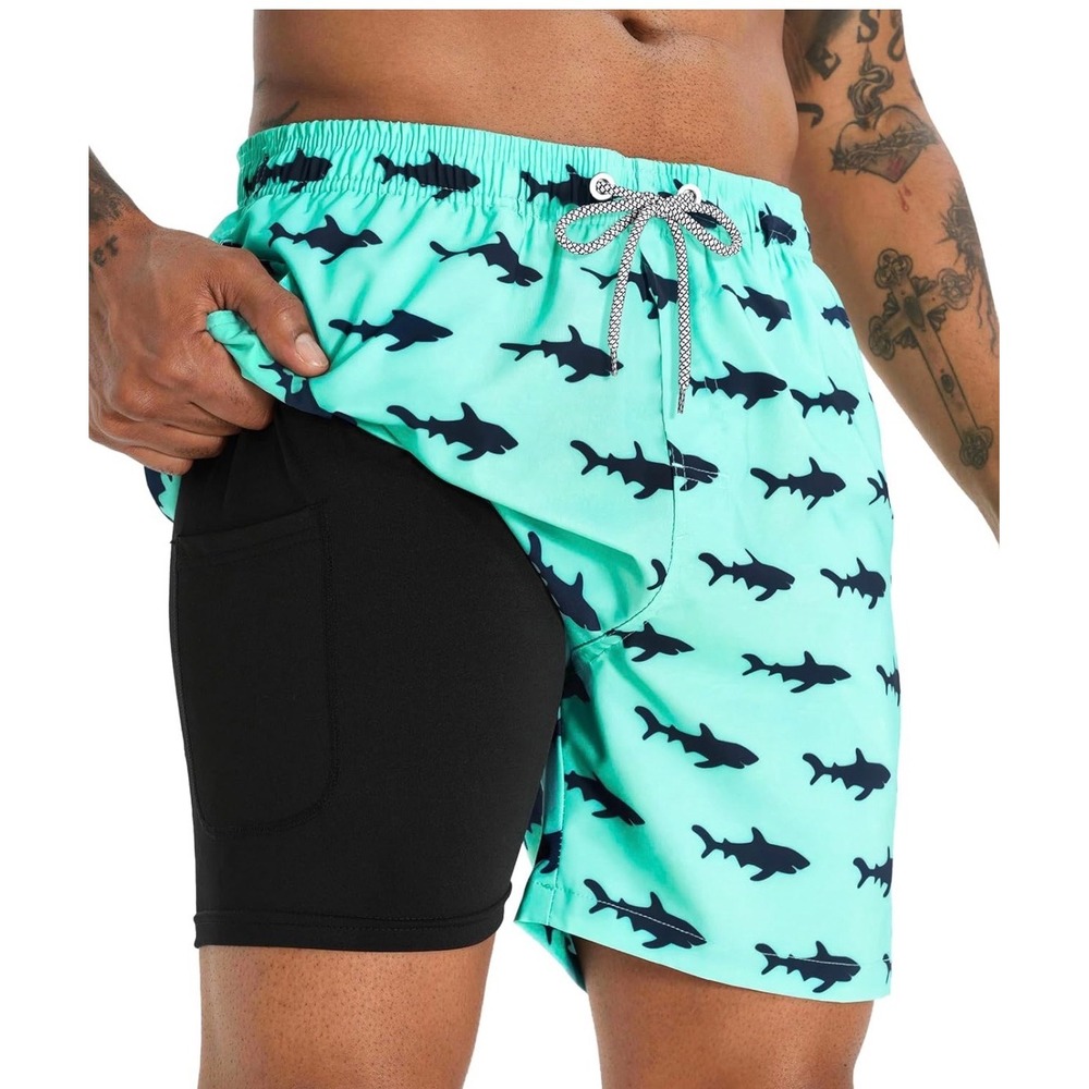 Shark Print Swim Trunks with Compression Liner Turquoise 2XL